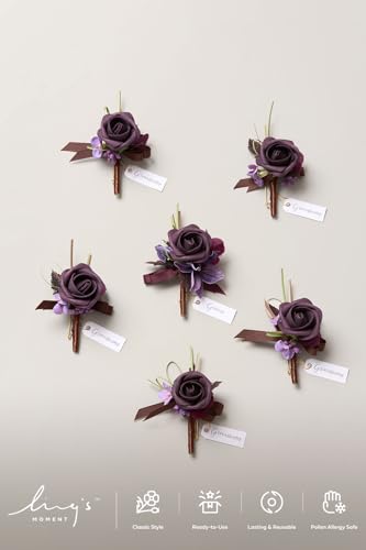 Ling's moment Wedding Artificial Flowers Package, Bridal Bouquet, Bridesmaid Bouquets, Boutonniere for Men, Rose Petals.Plum Lily Grape - color: Prpl-plum Lily & Grape