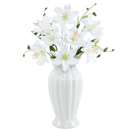 DuHouse 6 Pcs Artificial Lily Flowers, Fake Lilies Silk Flower for Table Vase DIY Wedding Bouquets Party & Home Decor(White) - color: White