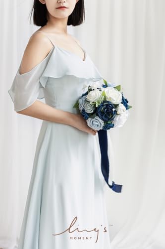 Ling's moment Navy Blue Artificial Wedding Flower Bouquet for Bridesmaid White Floral Bouquet Dusty Blue Bridal Bridesmaid Bouquets with Ribbon Ceremony Anniversary,7-inch Diameter - color: Blu-noble Navy Blue