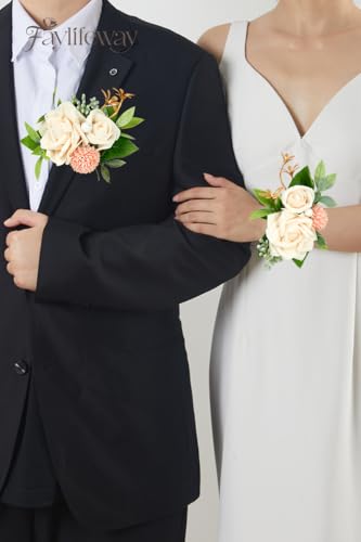 White Rose Boutonniere and Wrist Corsages for Wedding(Set of 2), Prom Corsage Wristlet for Wedding, Prom, Anniversary, Graduation, etc. - color: White, size: 1 Corsage & 1 Boutonniere