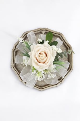 Champagne Corsage and Boutonniere Set, Corsage Wristlet for Women and Boutonniere for Wedding Prom Homecoming, Artificial Rose Flowers Boutonniere and Wrist Corsage - color: Champagne