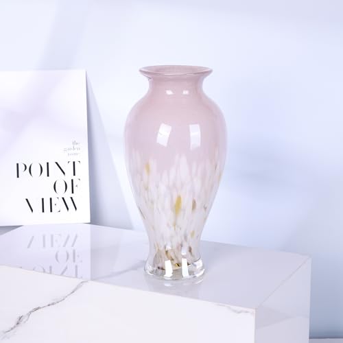 11.8" Tall Pink White Blown Glass Vase, Colorful Opaque Glass Vase, Unique Design Wide Mouth Art Decoration for Home, Living Room, Dining Table, Pampas Grass Decor (Pink White) - color: Pink White