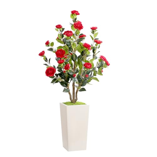 Romantic Season 4FT Artificial Camellia Tree with White Tall Planter, Red Faux Camellia Plant Flower Tree for Modern Home Office Living Room Floor Décor Outdoor Indoor，Red - color: Red