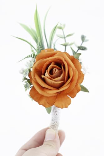 Ansofi Burnt Orange Corsage and Boutonniere Set Artificial Rose Flower Wrist Corsage and Boutineers for Groom Groomsmen Bride Bridesmaids Prom Rustic Vintage Wedding Decor - color: Burnt Orange
