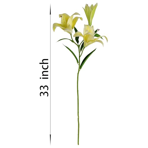 Artificial Lily Flowers,4 Pcs Faux Lily Flowers,32.5 Inch Long Stem Tiger Lily Branch with 2 Full Blooms and 1 Bud, Latex Real Touch Lilium Flower for Wedding Bouquet (4, Yellow) - color: Yellow