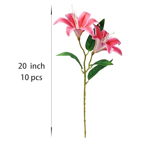 Artificial Lilies Flowers,10Pcs Faux Lily Flower,20''Tiger Lily Branch with 2 Full Blooms , Faux Fake Lilies Plants for Wedding Bouquet Home Party Indoor Floral Arrangements (10, deep pink) - color: Deep Pink