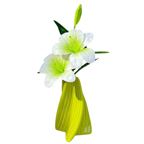 Twisted Dopamine Plastic Vase with Fake Artificial Lily Flowers，Modern Vibrant Decorative Vase for Home Living Room Coffee Dining Table Bookshelf Shelf Console Bedroom(Green) - color: Green