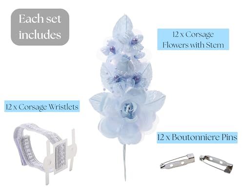 Set of 12 Artificial Silk Organza Craft Rose Flower, 12 Corsage Wristlet, 12 Pin Back DIY Boutonnieres for Wedding, Bridesmaids, Groomsmen, Quinceanera, Prom, Sweet 16 (Light Blue) - color: Light Blue