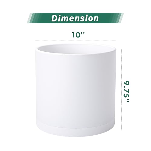 D'vine Dev 2 Pack 10 Inch Modern Plastic Plant Pots, Cylindrical Garden Planters for Plants with Drainage Holes and Saucers, White, 74-Z-N-1 - size: 10"