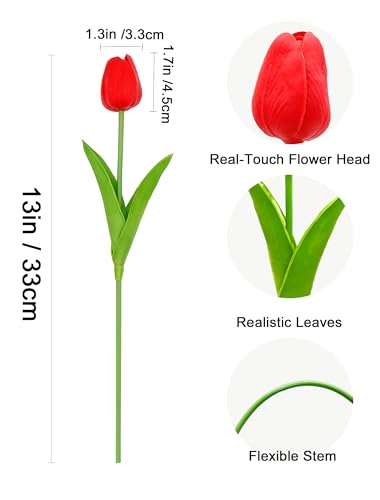 36 Pcs Tulips Artificial Flowers, 13 Inches Real Touch PU Fake Tulips for Wedding Bouquets, Home Decor - color: Red