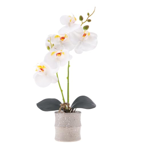 16.5 Inch White Artificial Orchid Flowers in Pot - Lifelike Phalaenopsis Potted Plant for Home Decor - Maintenance-Free Faux Flower for Bathroom, Office, Kitchen - Realistic Bonsai Gift - color: White