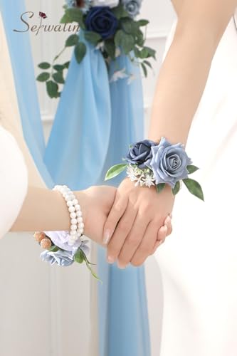 Serwalin 6Pcs Blue Corsage Wristlet for Wedding, Corsages Wristlet for Bridesmaid Mother Grandmother, Artificial Flowers for Prom Ceremony Anniversary - color: Dusty Blue, size: Corsage 6pcs