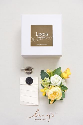 Ling's moment Pocket Boutonniere Single, Boutonniere for Men Groom for Wedding, Prom, Homecoming, Anniversary, Graduation, etc.Yellow White - color: Ylw-yellow & White, size: 6" W x 5" H