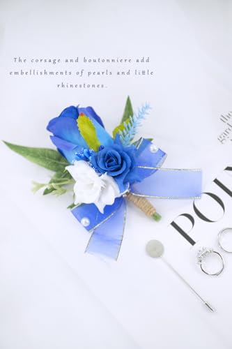 Royal Blue Corsage and Boutonniere Set for Wedding Prom, Artificial Rose Flower Homecoming Corsage Wristlet, Boutonniere for Men Wedding Suit Decor - color: Royal Blue