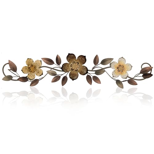 Wesiti Metal Flower Wall Decor Vintage Metal Flower Wrought Iron Scroll Sculpture 15.7''x3.7'' Not 3D, Flat Farmhouse Leaf Wall Decor with Nails for Summer Bedroom Kitchen Indoor Outdoor(Brown) - color: Brown