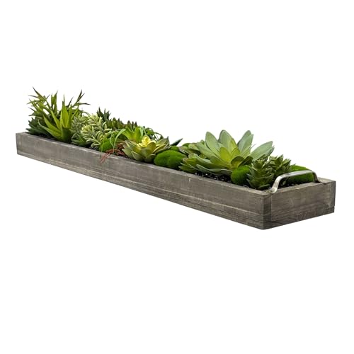 Galt International Faux Assorted Succulent in 31" Wood Tray w/Handles w/Black Rocks | Grey Wood Tray, Artificial Green Moss, Dining Coffee Table Centerpiece (Updated 2026 Packaging) - color: Black Rocks