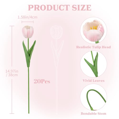 20pcs Fake Tulips Artificial Flowers PU Faux Tulip Stems Arrangement for Wedding Spring Bouquet Easter Valentine's Gift Home Party Table Office Decor (Pink) - color: Pink