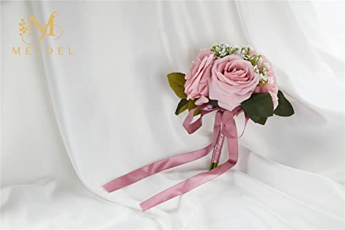 Bridesmaid Bouquets - Set of 4, 6.5 Inch Small Bridesmaid Bouquet Set - Artificial Rose Wedding Flowers - Floral Centerpieces - color: 18020-bean-paste-purple-4pcs