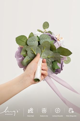 Ling's moment Light Purple Artificial Wedding Flower Bouquets for Bridesmaids White Floral Bouquet Lilac Bridal Bouquets for Bridesmaids with Ribbon Ceremony Anniversary,7-inch Diameter - color: Prpl-gold & Lilac