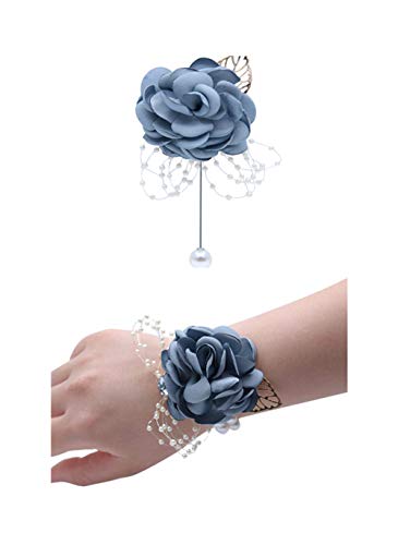 Rose Wedding Wrist Corsage and Boutonniere Set Party Prom Hand Ribbon Flower Suit Decor (Gray Blue) - color: Gray Blue