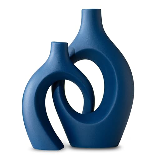 Levvohd Snuggle Hollow Ceramic Vase Set of 2, 11 inch Modern Nordic Coastal Shaped Pampas Grass Aesthetic Decorative Table Vases for Living Room Shelf Home Decor (Matte Navy Blue -L) - color: Matte Navy Blue - Xl