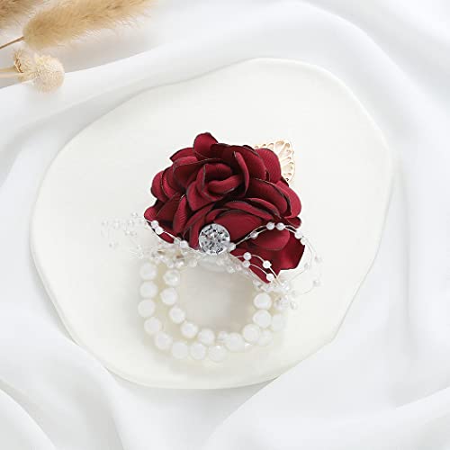 Wedding Bride Rose Wrist Corsage Red Bridesmaids Silk Wrist Flower Flowergirl Hand Floral Decor Bridal Prom Party Accessories for Women and Girls (A- Red) - color: A- Red