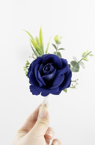 Ansofi Navy Blue Corsage and Boutonniere Set Artificial Rose Flower Wrist Corsage and Boutineers for Groom Groomsmen Bride Bridesmaids Prom Rustic Vintage Wedding Decor - color: Navy Blue