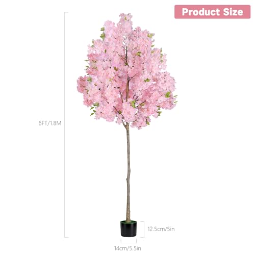 6FT Pink Artificial Cherry Blossom Tree, Realistic Potted Faux Cherry Tree, Silk Flower Fake Tree, Artificial Plants for Home Office Wedding Party Indoor Outdoor Front Door Decoration - size: 6FT