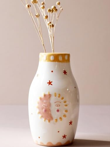 MOUGIGI Unique Ceramic Vase, Cute Boho Decor, Small Cream Vase for Dried Flowers or Single Bud - Sun and Moon Face Design - color: Boho Vase