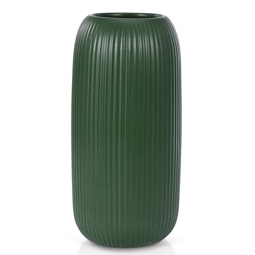 Ceramic Vase for Flowers – Modern Small Ribbed Textured Flower Vase for Home Decor, Pampas Grass, Decorative, Farmhouse, Coffee Table, Kitchen Centerpieces, Bookshelf and Home Living(Green) - color: Green