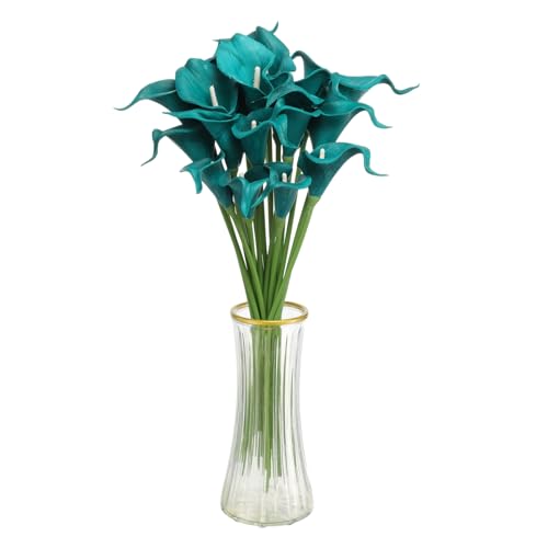 HARFINGTON 20pcs Artificial Calla Lily Fake Silk Flowers Bouquet Real Touch for Home Garden Wedding Party Decoration, Dark Cyan - color: Dark Cyan