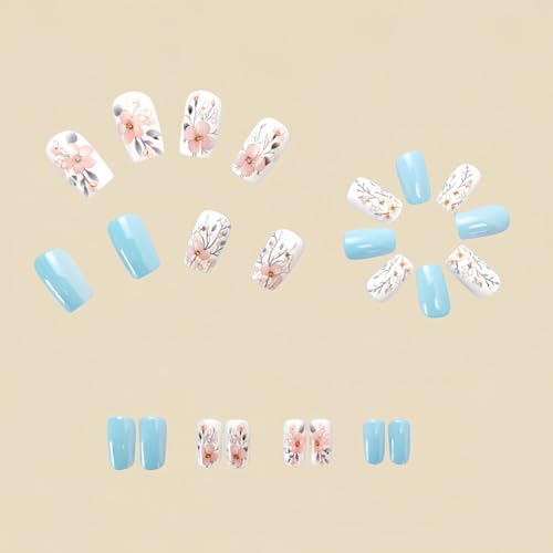 Flower Press on Nails Short Square Fake Nails Blue False Nails with Pink Floral Designs Glossy Full Cover Stick on Nails Glue on Nails Flower Nails Acrylic Nails for Women Girls 24 Pcs - color: Flower Square22