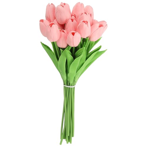 uxcell 20pcs Tulips Artificial Flowers, Faux Flowers Silk Fake Tulip Stems Real Touch for Wedding Bouquet Centerpiece Table Party Decoration(Medium Pink) - color: Medium Pink