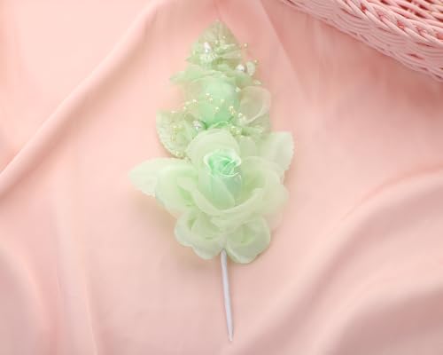 Set of 12 Artificial Silk Organza Craft Rose Flower, 12 Corsage Wristlet, 12 Pin Back DIY Boutonnieres for Wedding, Bridesmaids, Groomsmen, Quinceanera, Prom, Sweet 16 (Mint Green) - color: Mint Green