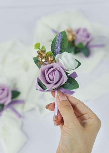 Set of 2 Purple Rose Boutonniere for MenWedding, Groom Groomsman Artificial Flowers for Wedding Anniversary Celebration,Prom,Party,Home Decoratio (Purple) - color: Purple