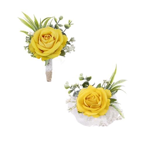 Ansofi Yellow Corsage and Boutonniere Set Artificial Rose Flower Wrist Corsage and Boutineers for Groom Groomsmen Bride Bridesmaids Prom Rustic Vintage Wedding Decor - color: Yellow