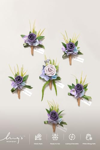 Ling's moment Wedding Artificial Flowers Package, Bridal Bouquet, Bridesmaid Bouquets, Boutonniere for Men, Rose Petals.Sage Purple Provence - color: Prpl-sage Purple & Provence