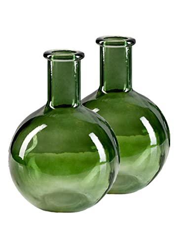 Serene Spaces Living Set of 2 Green Bottleneck Round Glass Vase, Vintage Bulb Flower Vase for Console Table, Shelf, Living Room, Bathroom, Office, Wedding, (5.3 Inches Diameter & 7.48 Inches Tall) - color: Green