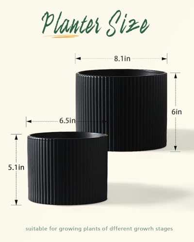 Matte Black Ceramic Plant Pots, 8.1 + 6 Inch Planters for Indoor Plants, Modern Flower Pots with Drainage, Two-Sizes Set - color: Matte Black2