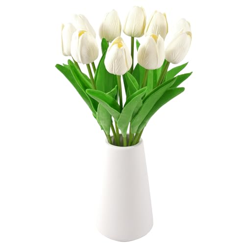 Real-Touch Artificial Tulips with Ceramic Vase, 10 Stems Faux Floral Arrangement, Spring Table Centerpiece, Modern Farmhouse Home Decor (Ivory White+vase) - color: Ivory White+vase