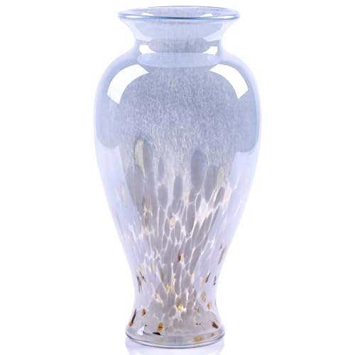 11.8" Tall Blown Blue Glass Vase, Colorful Opaque Glass Vase, Unique Design Wide Mouth Art Decoration for Home, Living Room, Dining Table, Pampas Grass Decor (Blue White) - color: Blue White