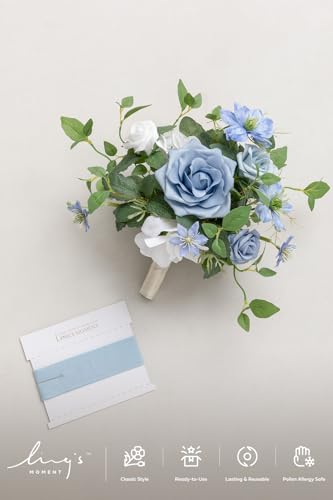 Ling's moment Blue Artificial Wedding Flower Bouquets for Bridesmaids White Floral Bouquet Dusty Blue Bridal Bouquets for Bridesmaids with Ribbon Ceremony Anniversary,7-inch Diameter - color: Blu-posy-dusty Blue & Navy