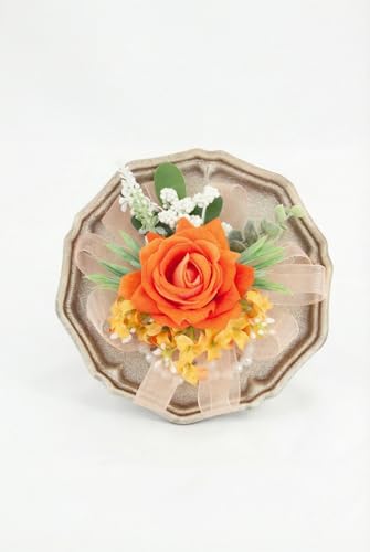 Orange Corsage and Boutonniere Set, Corsage Wristlet for Women and Boutonniere for Wedding Prom Homecoming, Artificial Rose Flowers Boutonniere and Wrist Corsage - color: Orange