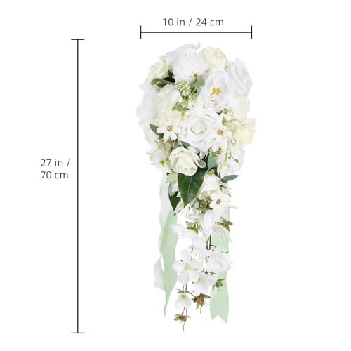 White Wedding Bouquets for Bride,10 Inch Fake Cascading Bridal Bouquet Silk Faux Flowers for Ceremony Anniversary Wedding Bridal Shower(White & Ivory) - color: White & Ivory