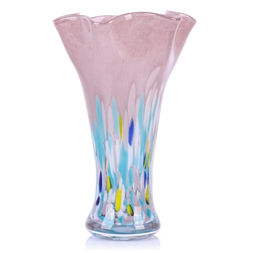 9.0" H Blush Glass Vases for Flowers, Unique Hand Blown Glass Vase Blush Home Decor, Wide Mouth Colorful Flower Vase Centerpieces, for Living Room Table Bookshelf, Bathroom Office Shelf Decorative - color: Blush