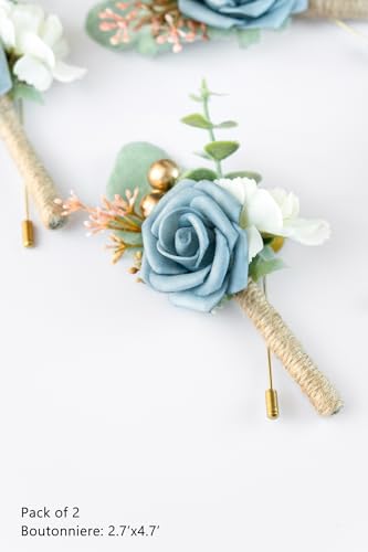 Boutonniere for Men Wedding, Groom Groomsman Artificial Rose Flowers for Wedding Anniversary Celebration,Prom,Party,Home Decoration Set of 2 (Dusty Blue) - color: Dusty Blue