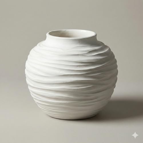 White Ceramic Vase for Home Decor - Rustic Farmhouse Flower Vase, Hand-Carved Spiral Texture, Decorative Round Pottery Vase for Shelf, Table, Nightstand, Centerpiece (Matte White) - Small