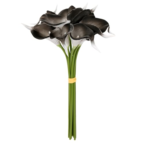 M METERXITY 10-Pack Black Artificial Calla Lily Flowers,14 Inch Faux Calla Lily PU Bouquets Real Touch Faux Flowers for Home/Wedding/Christmas/Party - color: Black