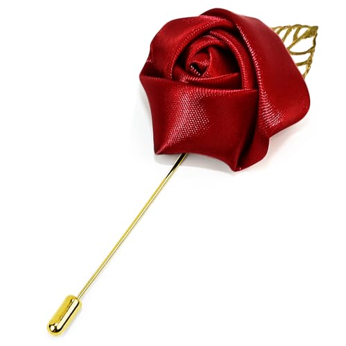 1Pcs Flower Lapel Pins,Rose Pins for Men for Dance,Party,Wedding - color: Crimson Golden Leaf