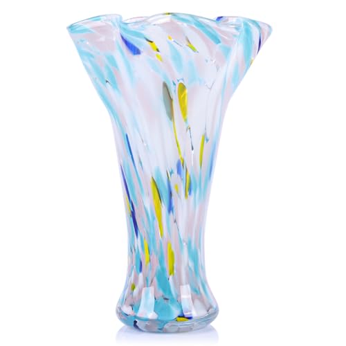 9.0" H Blue Glass Vases for Flowers, Unique Hand Blown Glass Vase Blue Home Decor, Wide Mouth Colorful Flower Vase Centerpieces, for Living Room Table Bookshelf, Bathroom Office Shelf Decorative - color: Multicolor Blue